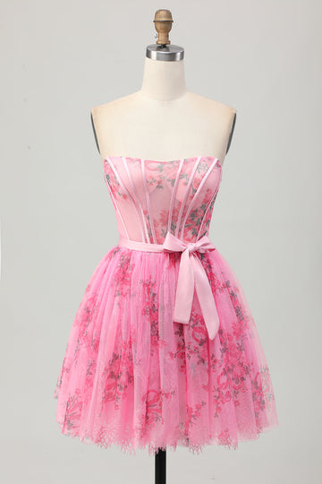 Pink Flower Corset Strapless A Line Homecoming Dress with Bow